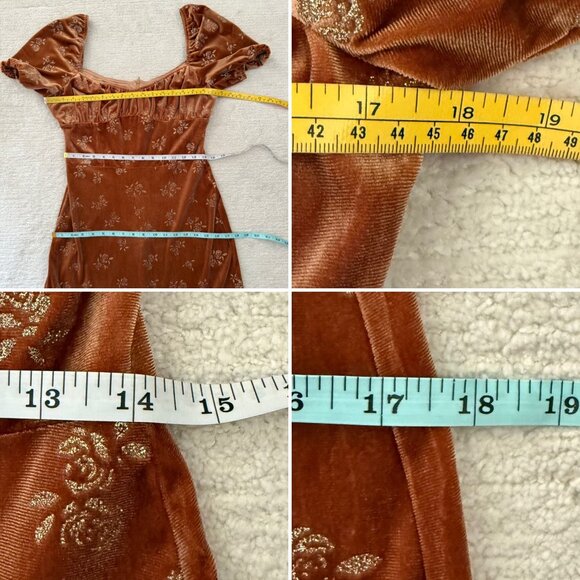 Lait Collection Velvet Dress Size XL Rust Floral Puff Sleeve Ruffle Hem Retro - Picture 9 of 17
